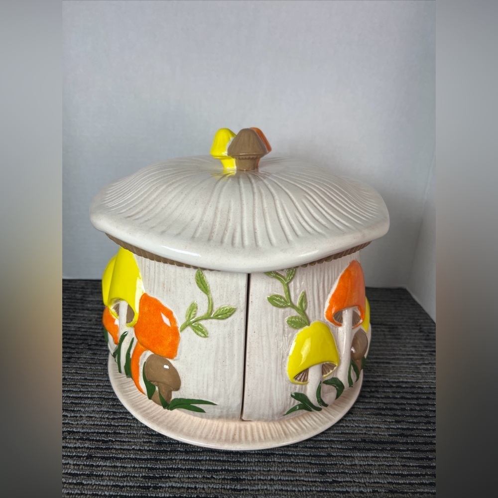 Vtg 1974 Arnels 3D Mushroom Divided 4 Canister Lazy Susan W/Lid & Tray-Ceramic - Picture 5 of 16